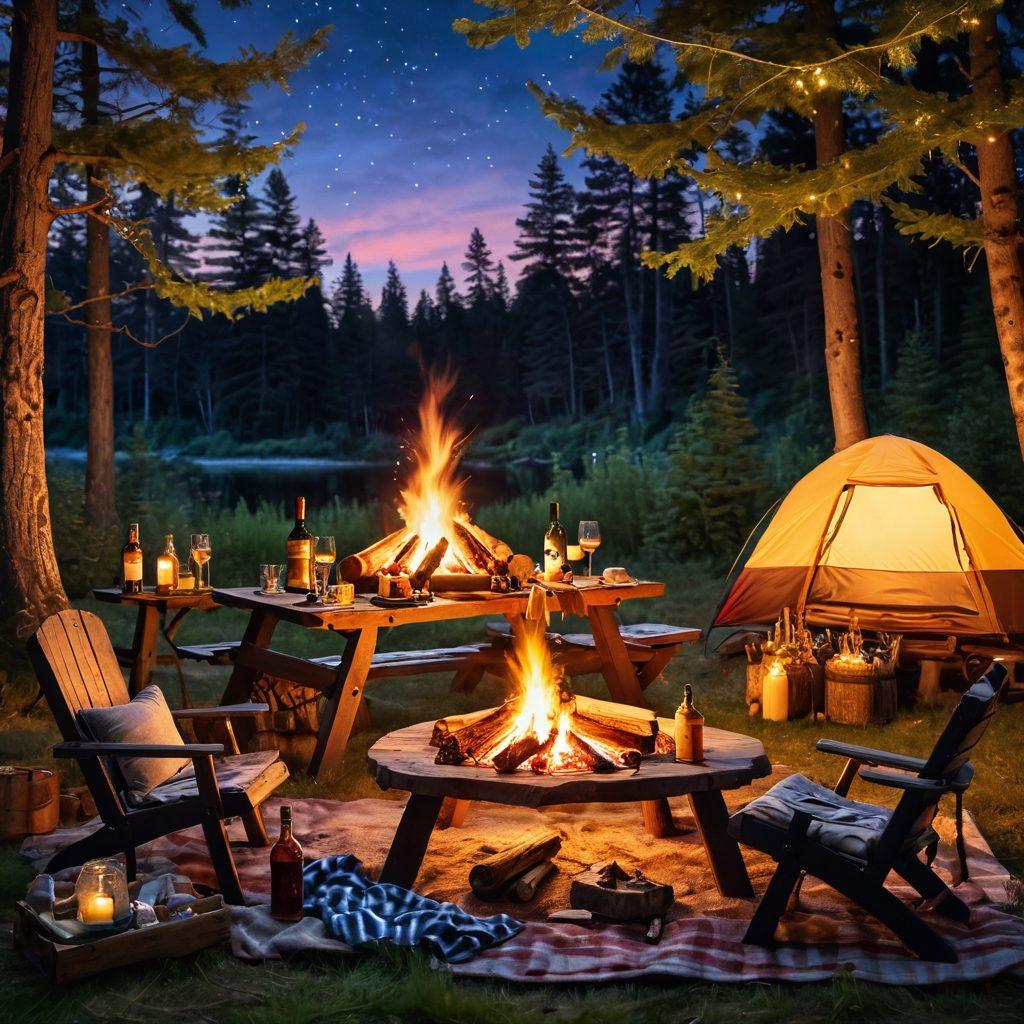 A cozy campsite scene featuring a crackling campfire surrounded by lush forest, vintage wine bottles and glasses elegantly placed on a picnic table, warm light illuminating cheerful friends toasting with wine under a starlit sky. super-realistic. vibrant colors. twilight ambiance.