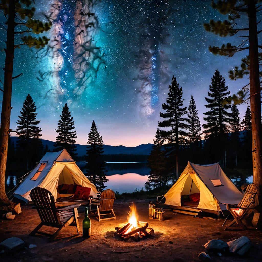 A cozy campsite under a starry night sky, featuring a bottle of red wine and two glasses on a rustic wooden table, surrounded by glowing fairy lights and a softly crackling campfire. In the background, tall pine trees and a stunning view of the Milky Way. A couple enjoying the moment, wrapped in blankets, with a picnic basket nearby. whimsical, super-realistic, vibrant colors.