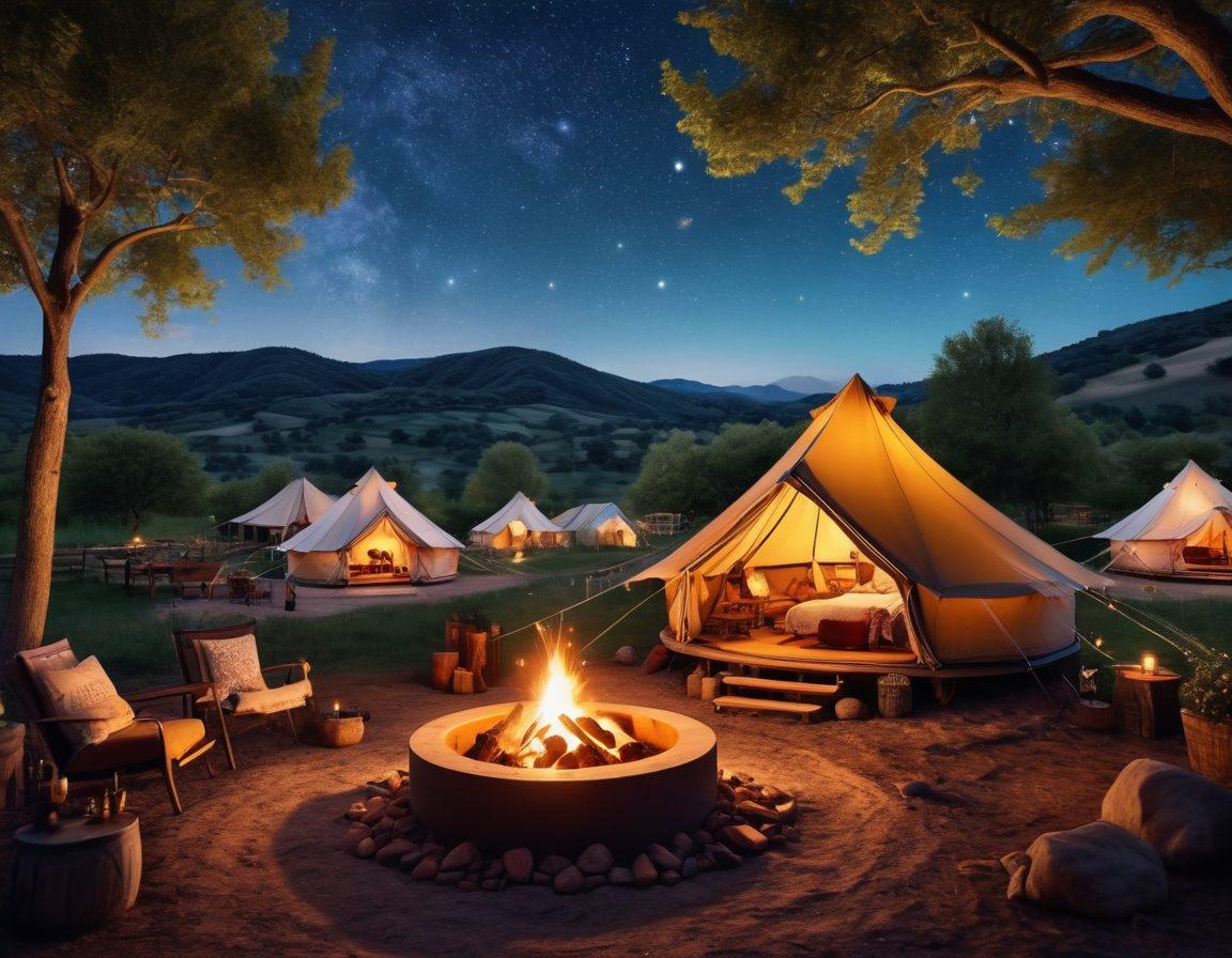 A serene glamping setup featuring luxurious tents adorned with fairy lights, surrounded by nature under a starry night sky. Include a cozy campfire with people toasting marshmallows and sipping wine, with rolling hills and vineyards in the background. The atmosphere should radiate joy, adventure, and relaxation, reflecting a perfect blend of nature and elegance. super-realistic. vibrant colors. night scene.